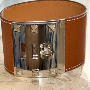 Hermes Kelly Brown Leather Studded Cuff Bracelet with Silver Accents, Size L